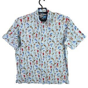 Mens Rowdy Gentlemen Hawaiian Shirt Blue Alcohol Print Button Up Viscose Size XL